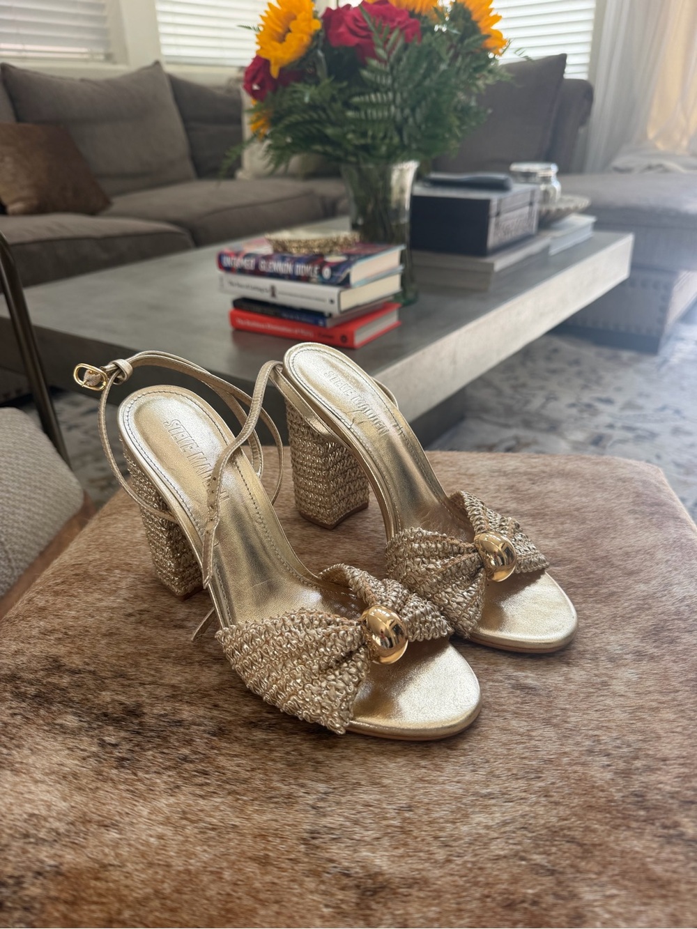 Steve Madden Metallic Gold Braided Block Heel Sandals with Knot and Orb Detail